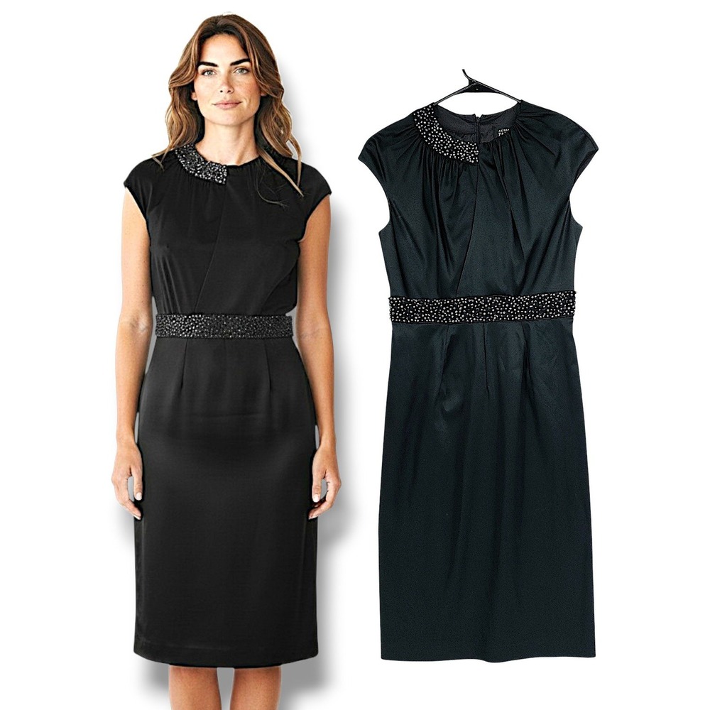 Adrianna Papell Sheath Dress 2 Black Beaded Cocktail Evening Formal Wedding Chic